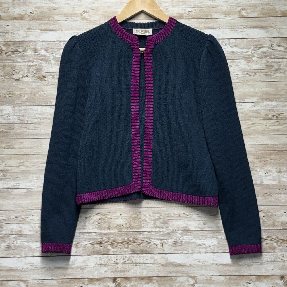 Vntg St. John Knit Cardigan Jacket Navy Dark Pink Trim Open Front Sz 6 Luxury